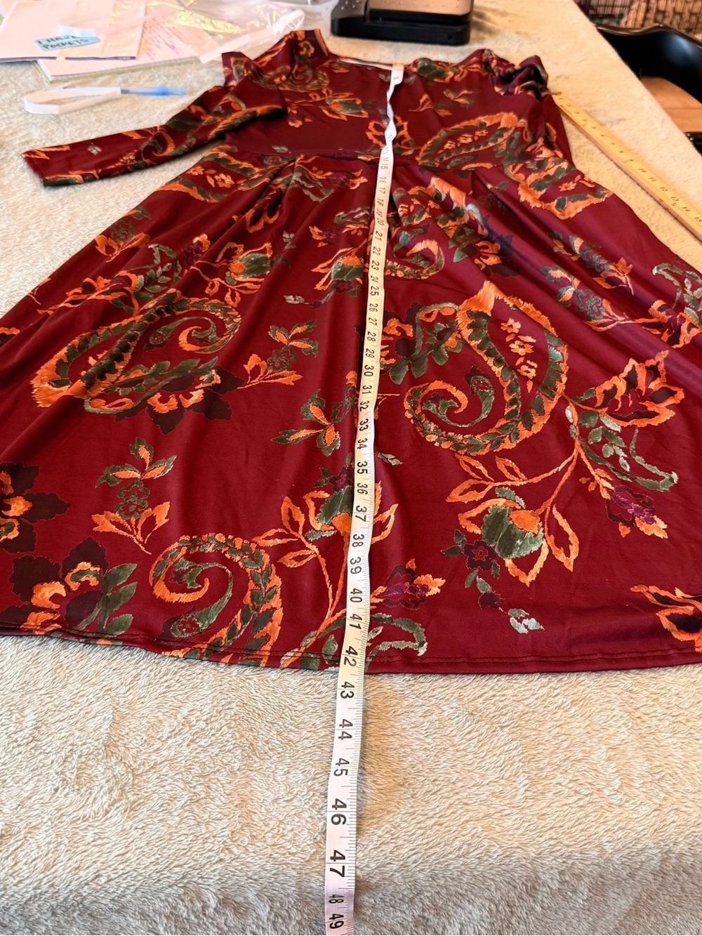 24seven Comfort Apparel Women’s Large Burgundy Paisley Long Sleeve Pocket Dress - Picture 11 of 12